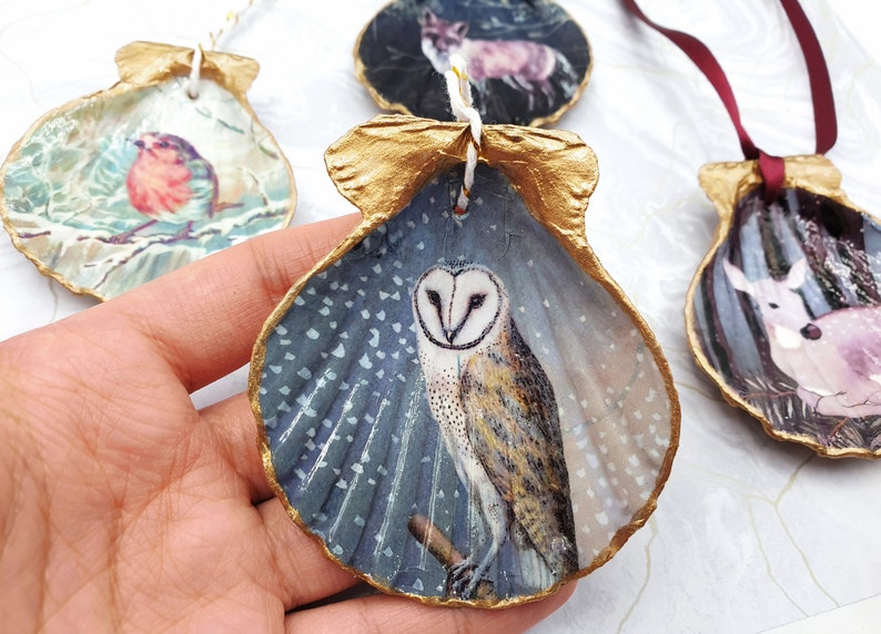 Handmade Christmas ornaments  woodland ornaments  shell image 1
