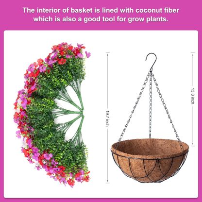 Artificial Silk Flowers Hanging Basket for Outdoor Indoor, Daisy with Eucalyptus Leaves Arrangement for Garden Yard Spring Summer Decor, Faux Green Plant in Metal Coconut Lining Pot(Red Purple)