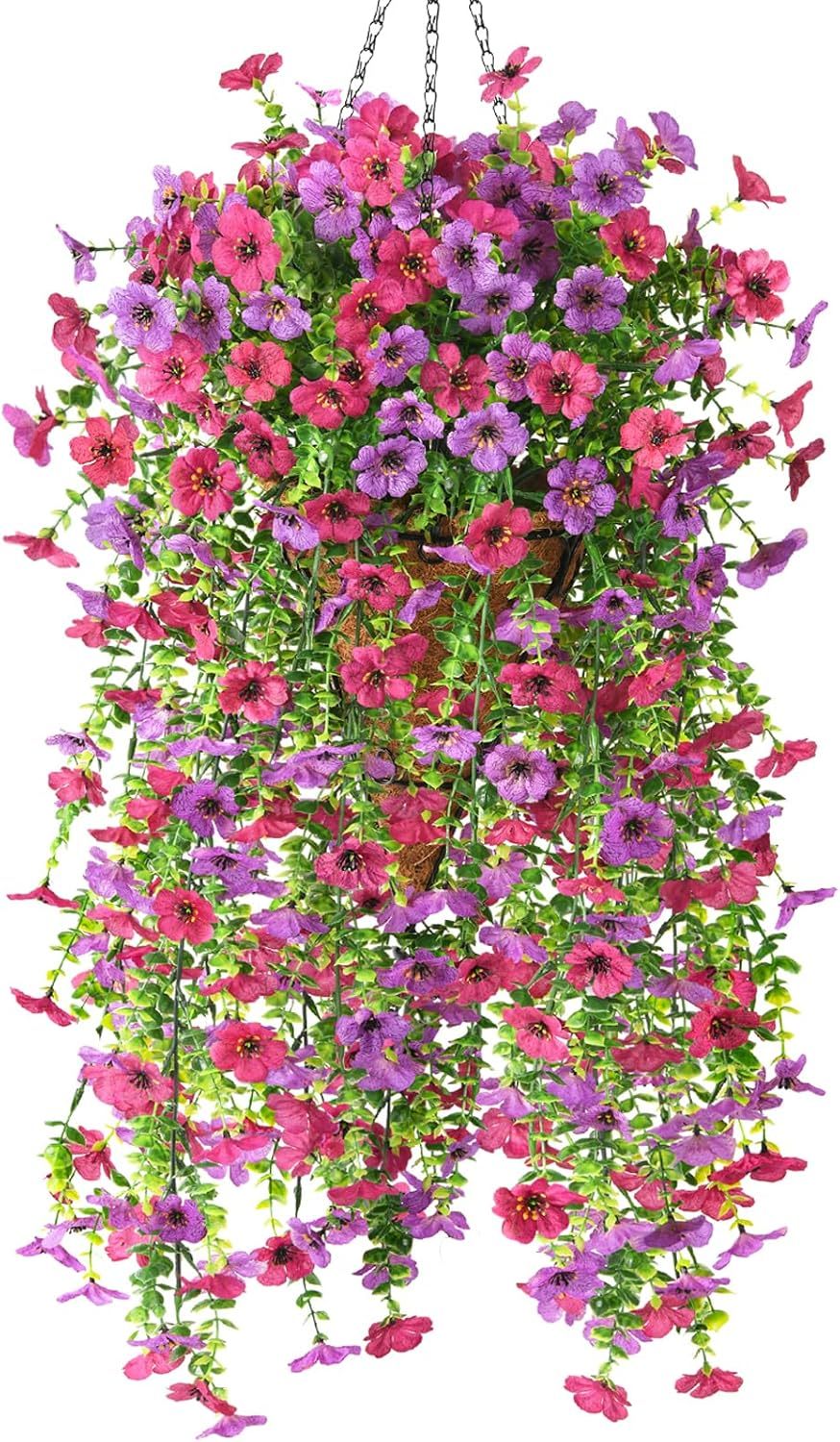 Artificial Fake Flowers Hanging Basket for Outdoor Spring Decor, Faux 