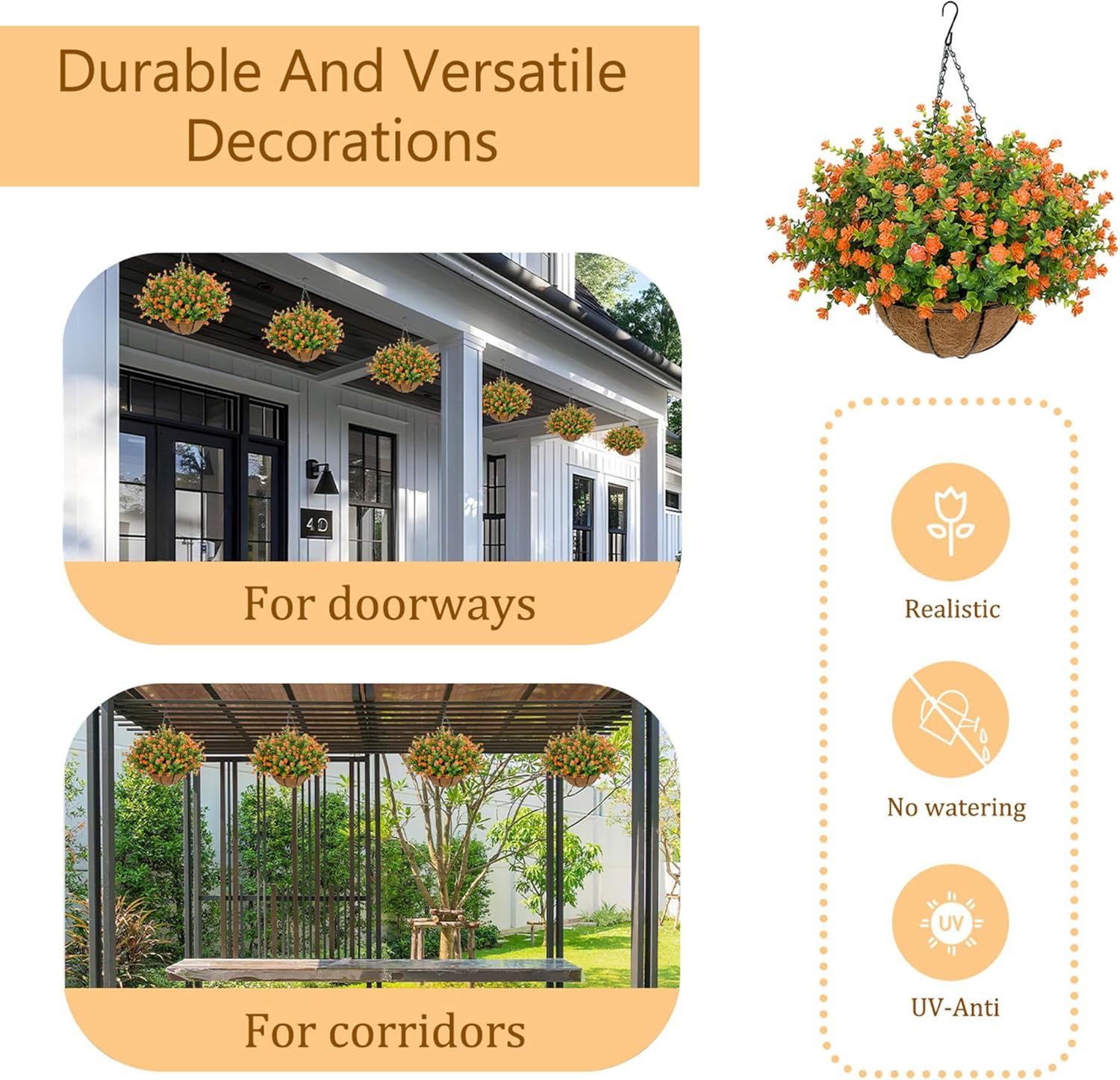 Artificial Hanging Flowers Basket for Outdoor, 16 Fake Flowers Look Real UV Resistant, Faux Hanging Plants for Porch, Balcony, Patio, Garden, Spring Summer Decor,White