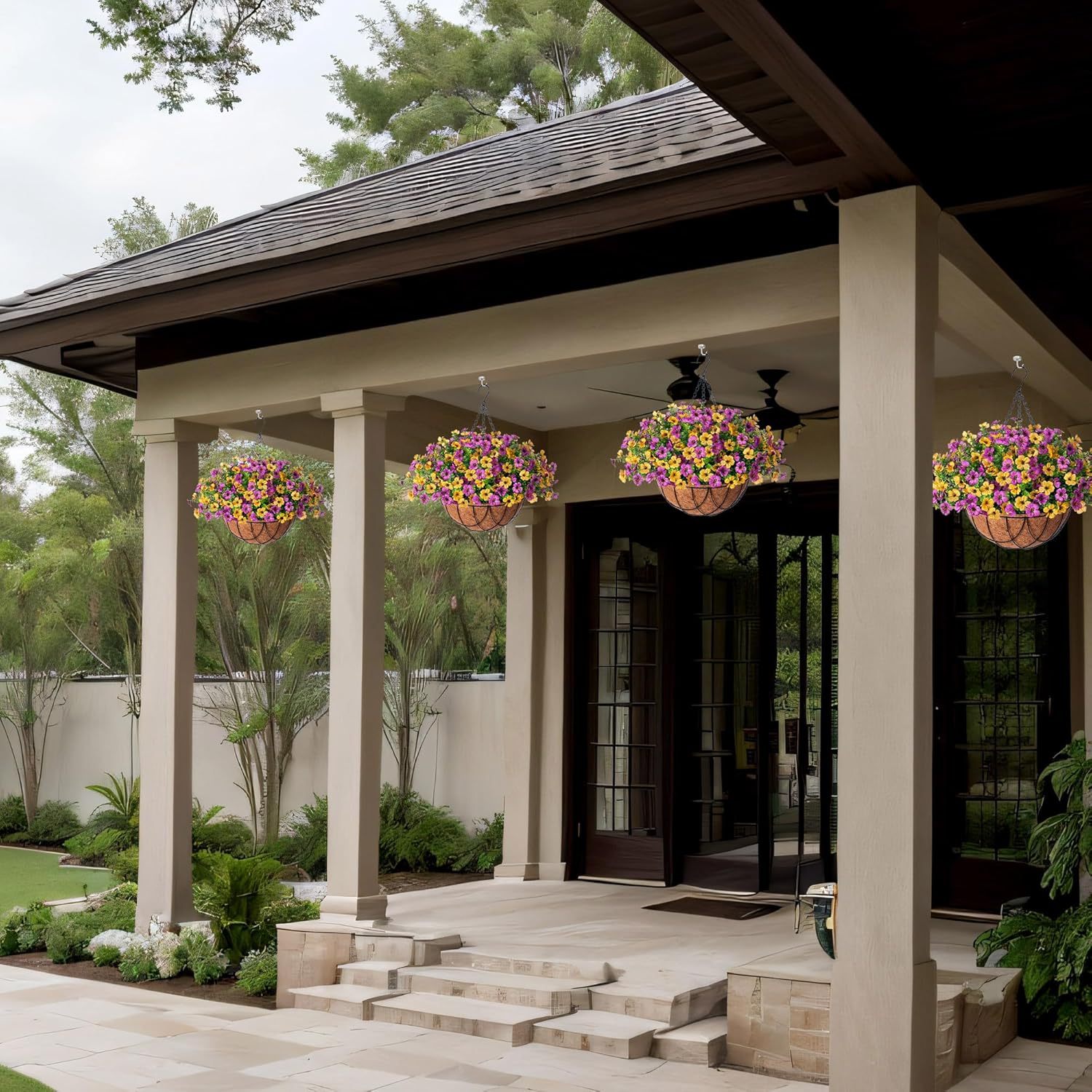 Artificial Silk Flowers Hanging Basket for Outdoor Indoor, Daisy with Eucalyptus Leaves Arrangement for Garden Yard Spring Summer Decor, Faux Green Plant in Metal Coconut Lining Pot(Red Purple)