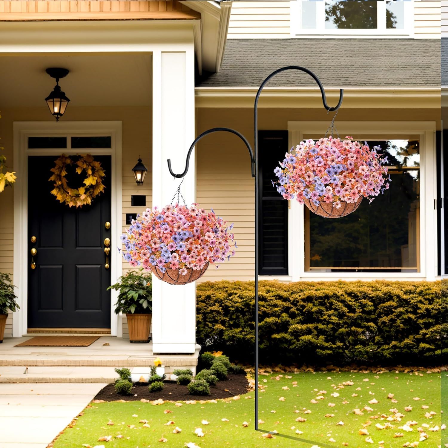 Artificial Silk Flowers Hanging Basket for Outdoor Indoor, Daisy with Eucalyptus Leaves Arrangement for Garden Yard Spring Summer Decor, Faux Green Plant in Metal Coconut Lining Pot(Red Purple)