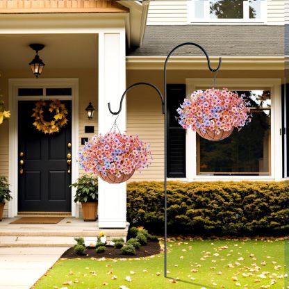 Artificial Silk Flowers Hanging Basket for Outdoor Indoor, Daisy with Eucalyptus Leaves Arrangement for Garden Yard Spring Summer Decor, Faux Green Plant in Metal Coconut Lining Pot(Red Purple)