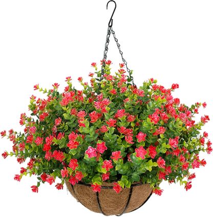 Artificial Hanging Flowers Basket for Outdoor, 16 Fake Flowers Look Real UV Resistant, Faux Hanging Plants for Porch, Balcony, Patio, Garden, Spring Summer Decor,White