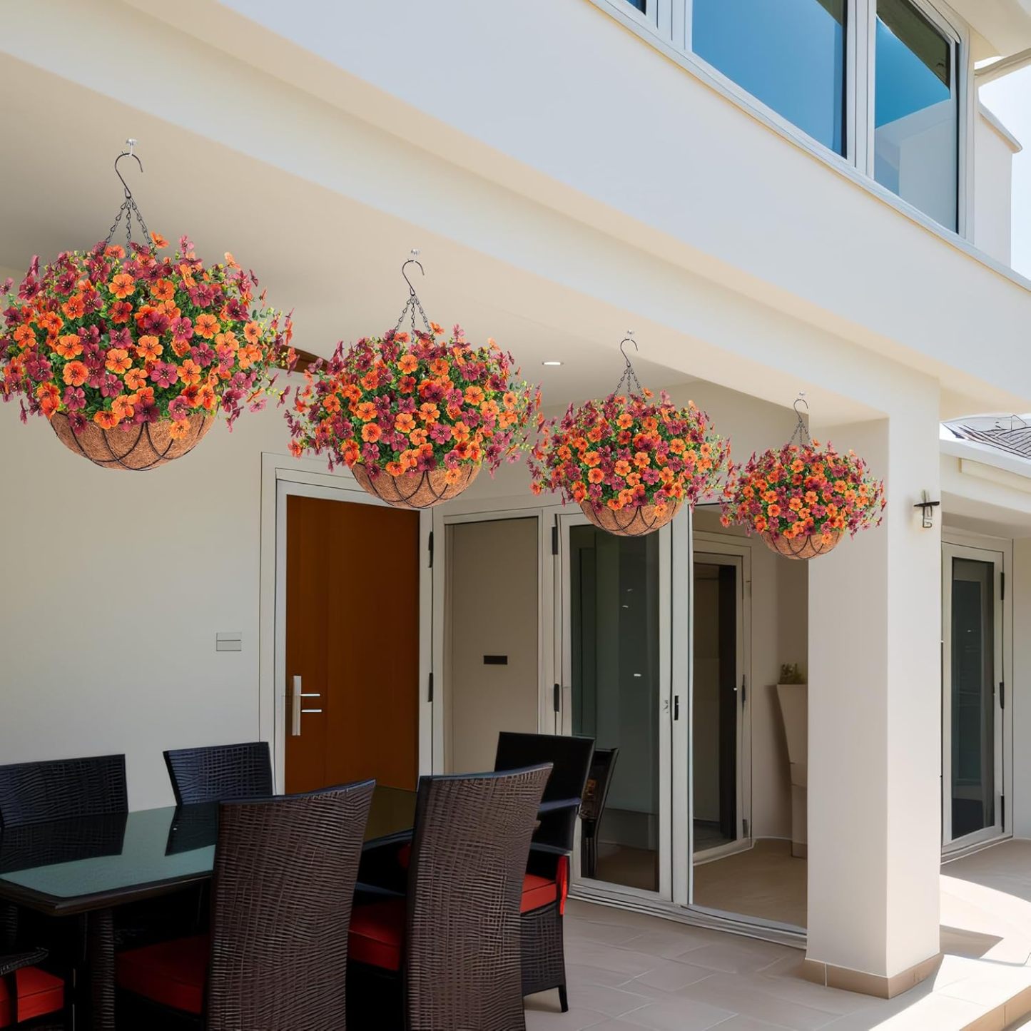 Artificial Silk Flowers Hanging Basket for Outdoor Indoor, Daisy with Eucalyptus Leaves Arrangement for Garden Yard Spring Summer Decor, Faux Green Plant in Metal Coconut Lining Pot(Red Purple)