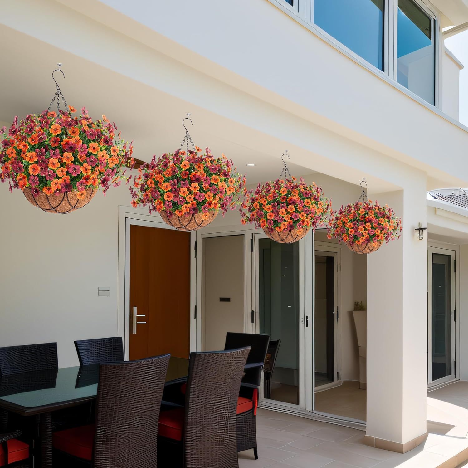 Artificial Silk Flowers Hanging Basket for Outdoor Indoor, Daisy with Eucalyptus Leaves Arrangement for Garden Yard Spring Summer Decor, Faux Green Plant in Metal Coconut Lining Pot(Red Purple)