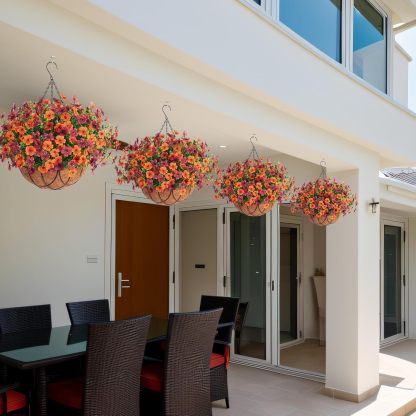 Artificial Silk Flowers Hanging Basket for Outdoor Indoor, Daisy with Eucalyptus Leaves Arrangement for Garden Yard Spring Summer Decor, Faux Green Plant in Metal Coconut Lining Pot(Red Purple)