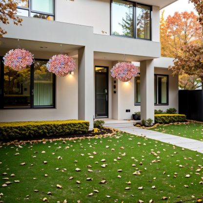 Artificial Silk Flowers Hanging Basket for Outdoor Indoor, Daisy with Eucalyptus Leaves Arrangement for Garden Yard Spring Summer Decor, Faux Green Plant in Metal Coconut Lining Pot(Red Purple)