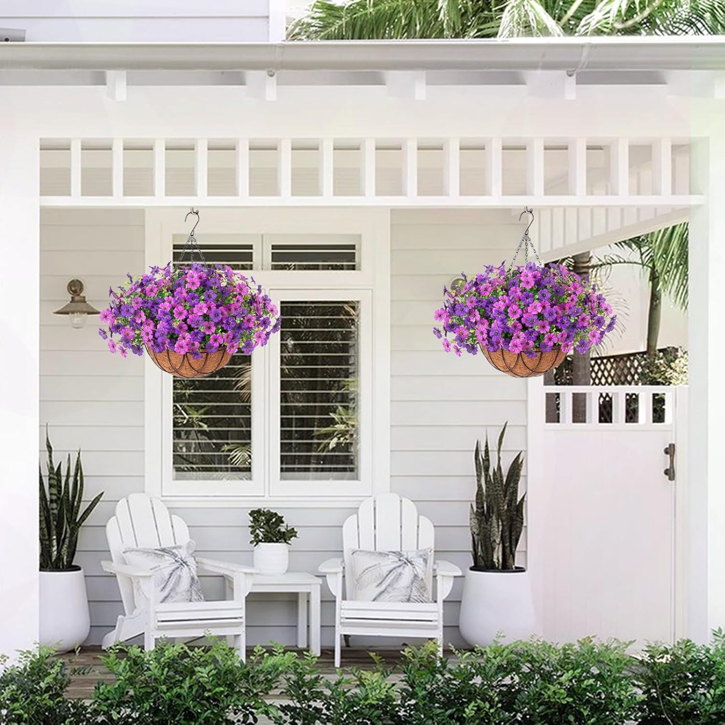 Artificial Silk Flowers Hanging Basket for Outdoor Indoor, Daisy with Eucalyptus Leaves Arrangement for Garden Yard Spring Summer Decor, Faux Green Plant in Metal Coconut Lining Pot(Red Purple)