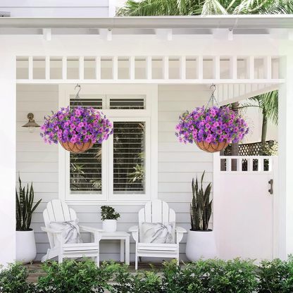 Artificial Silk Flowers Hanging Basket for Outdoor Indoor, Daisy with Eucalyptus Leaves Arrangement for Garden Yard Spring Summer Decor, Faux Green Plant in Metal Coconut Lining Pot(Red Purple)