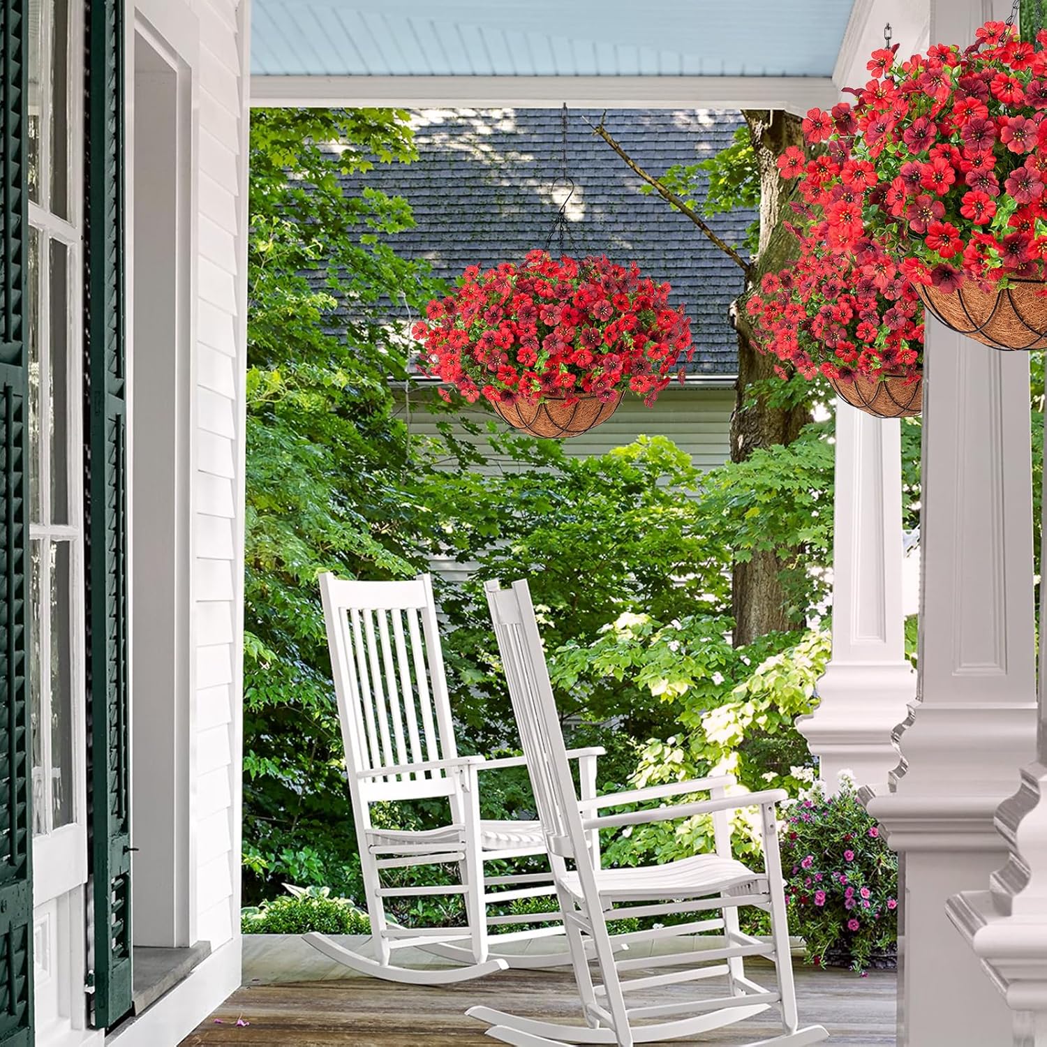 Artificial Silk Flowers Hanging Basket for Outdoor Indoor, Daisy with Eucalyptus Leaves Arrangement for Garden Yard Spring Summer Decor, Faux Green Plant in Metal Coconut Lining Pot(Red Purple)