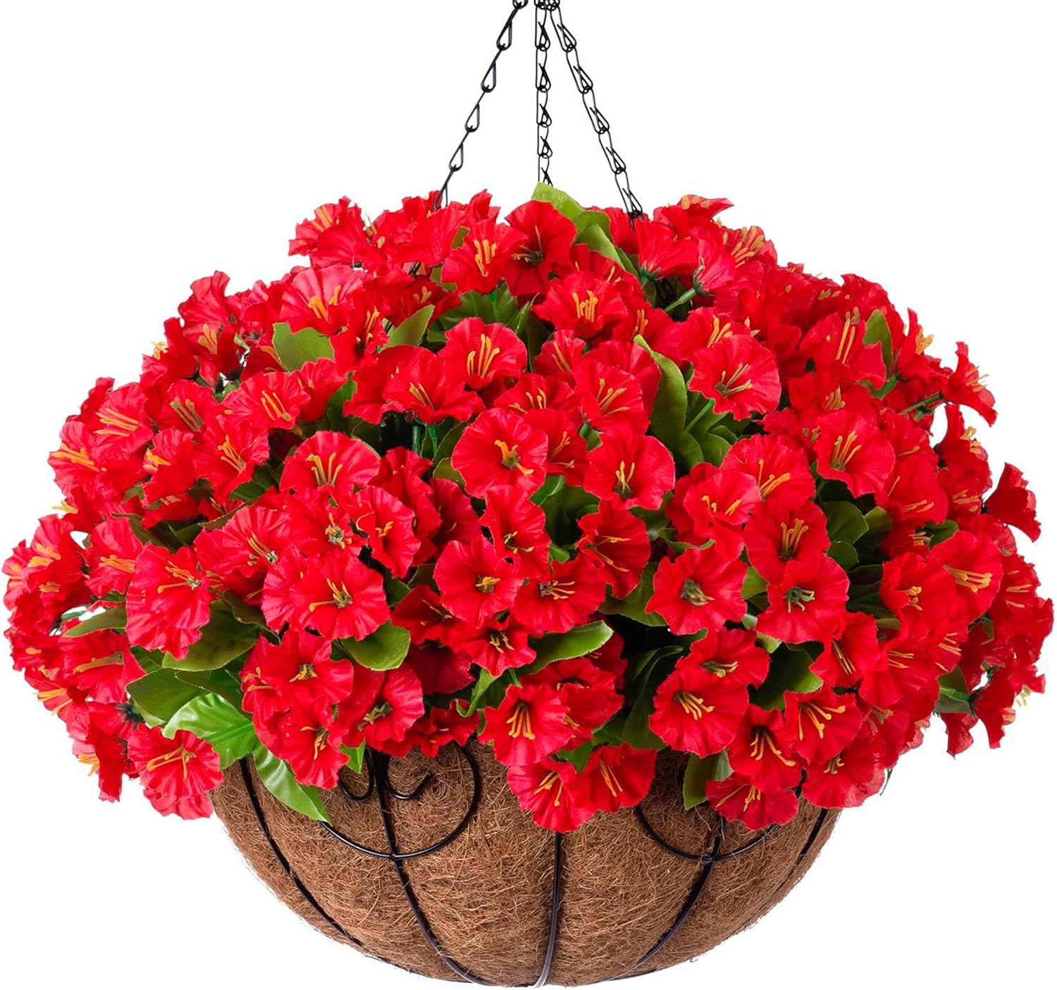 Artificial Hanging Flower Plants with Basket for Spring Summer Outdoor Decoration, Faux Petunias Flowers Fake Morning Glory Planter for Outside Patio Garden Porch Balcony Yard Decor(Rose Red)