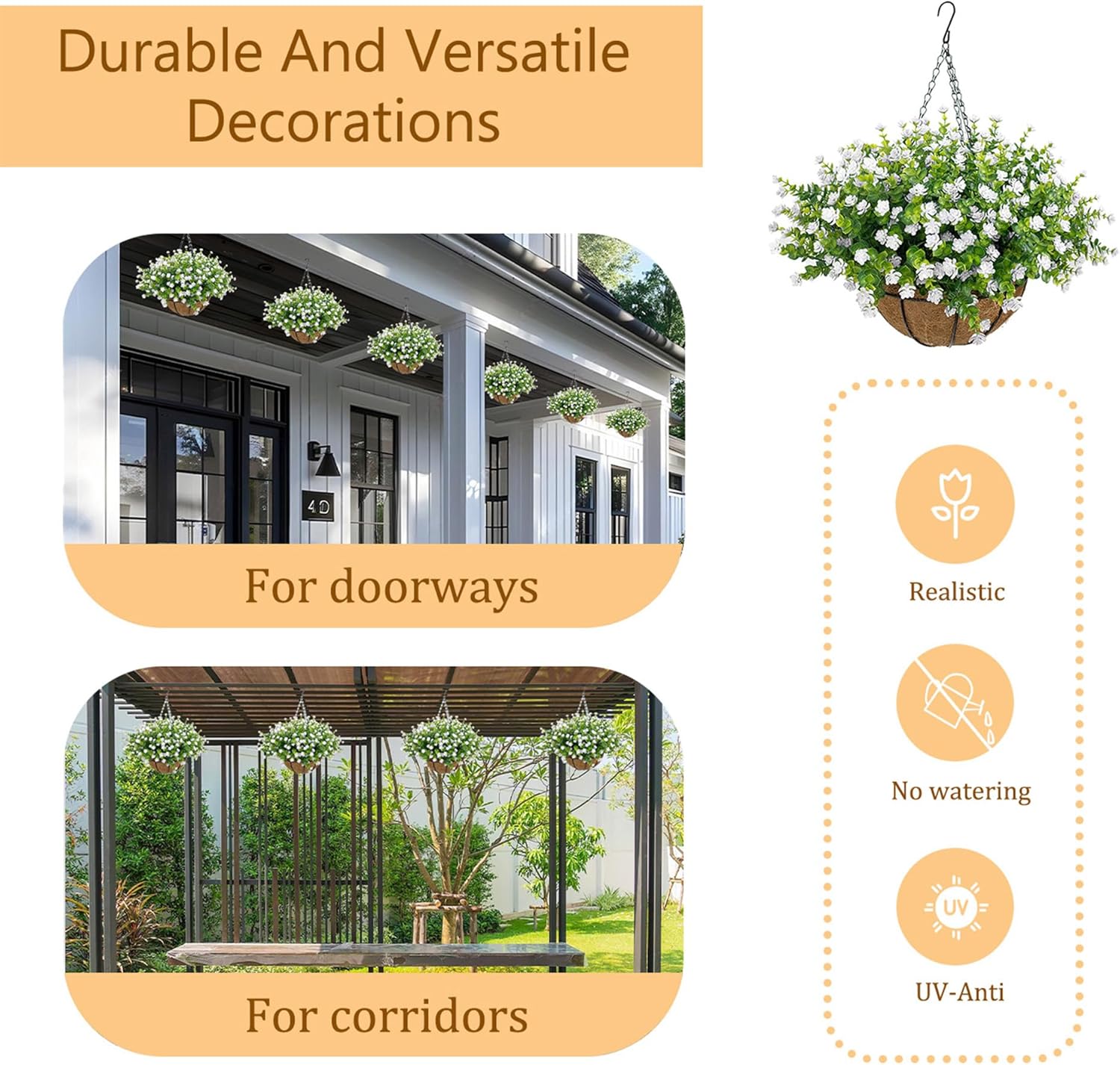 Artificial Hanging Flowers Basket for Outdoor, 16 Fake Flowers Look Real UV Resistant, Faux Hanging Plants for Porch, Balcony, Patio, Garden, Spring Summer Decor,White