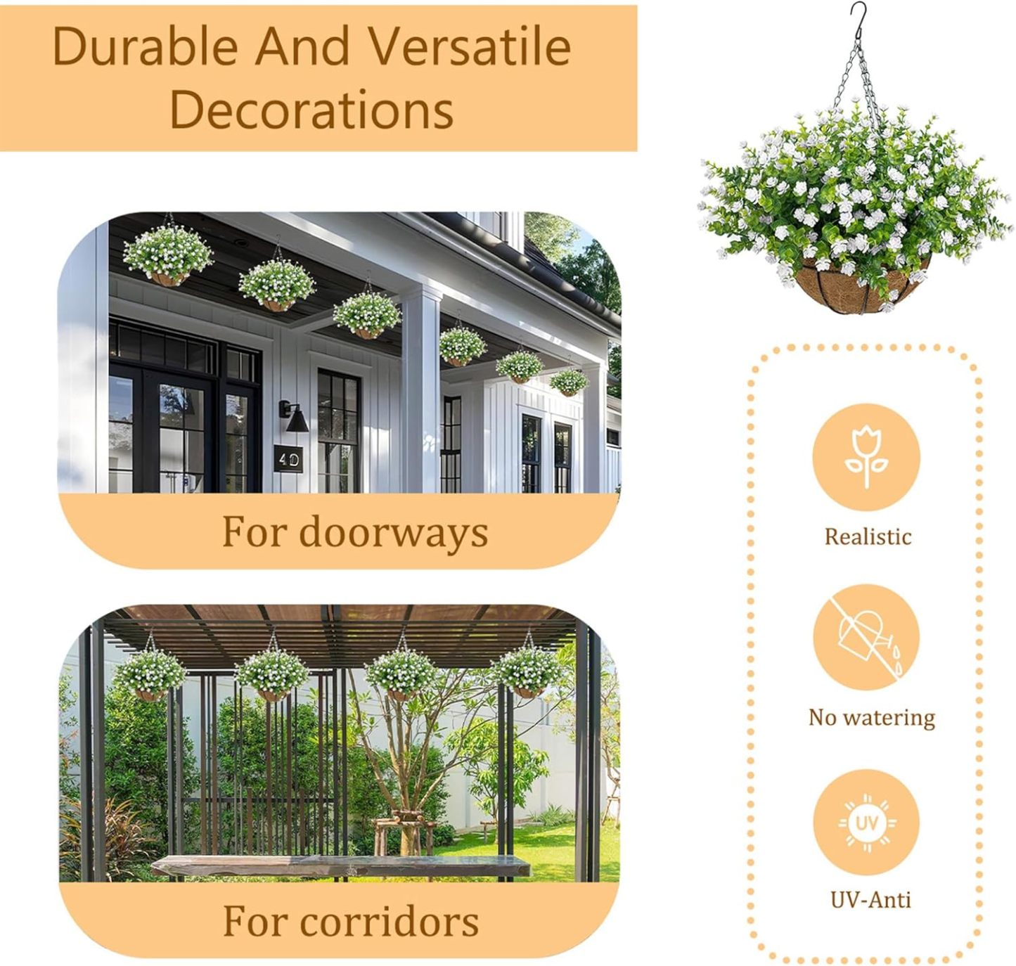 Artificial Hanging Flowers Basket for Outdoor, 16 Fake Flowers Look Real UV Resistant, Faux Hanging Plants for Porch, Balcony, Patio, Garden, Spring Summer Decor,White