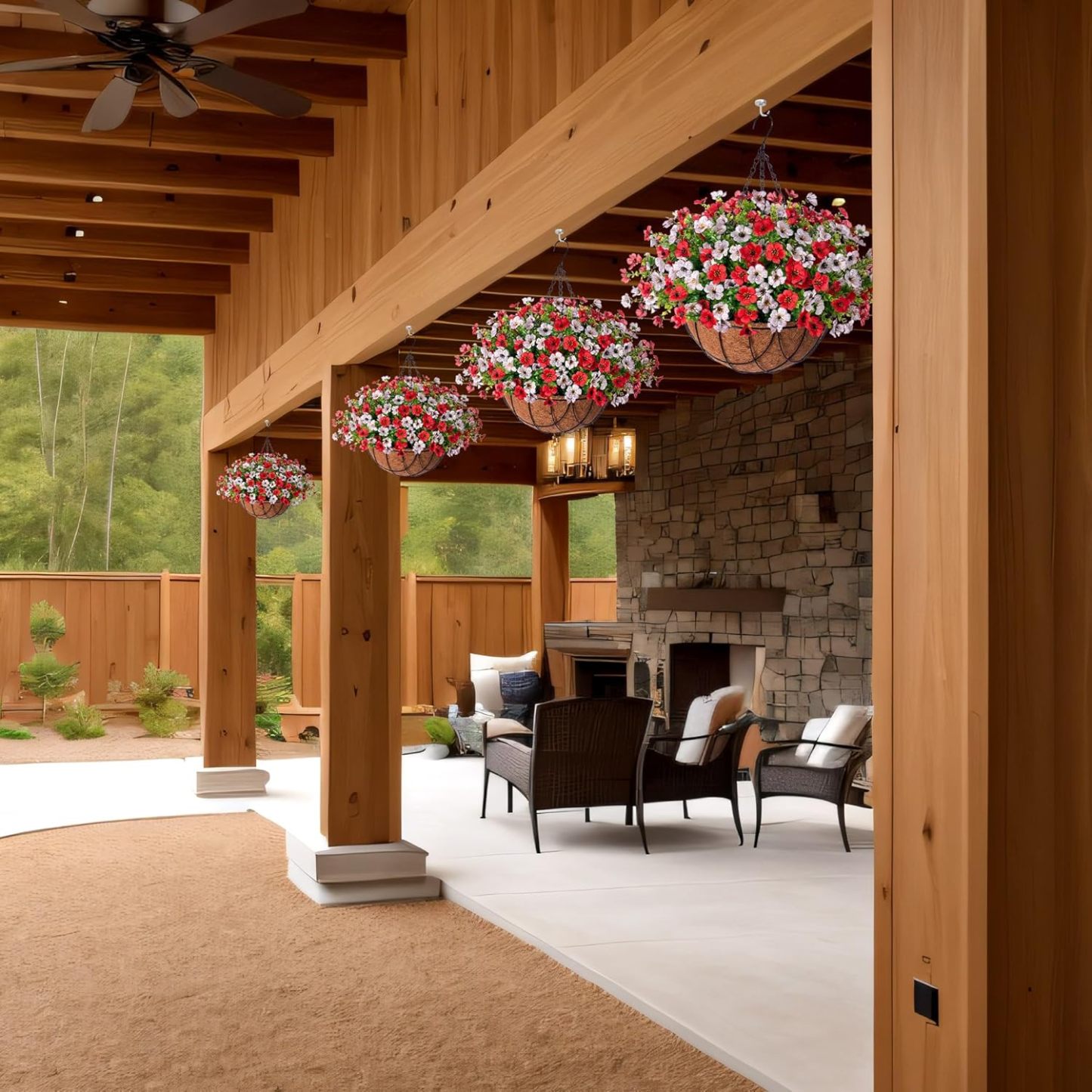 Artificial Silk Flowers Hanging Basket for Outdoor Indoor, Daisy with Eucalyptus Leaves Arrangement for Garden Yard Spring Summer Decor, Faux Green Plant in Metal Coconut Lining Pot(Red Purple)