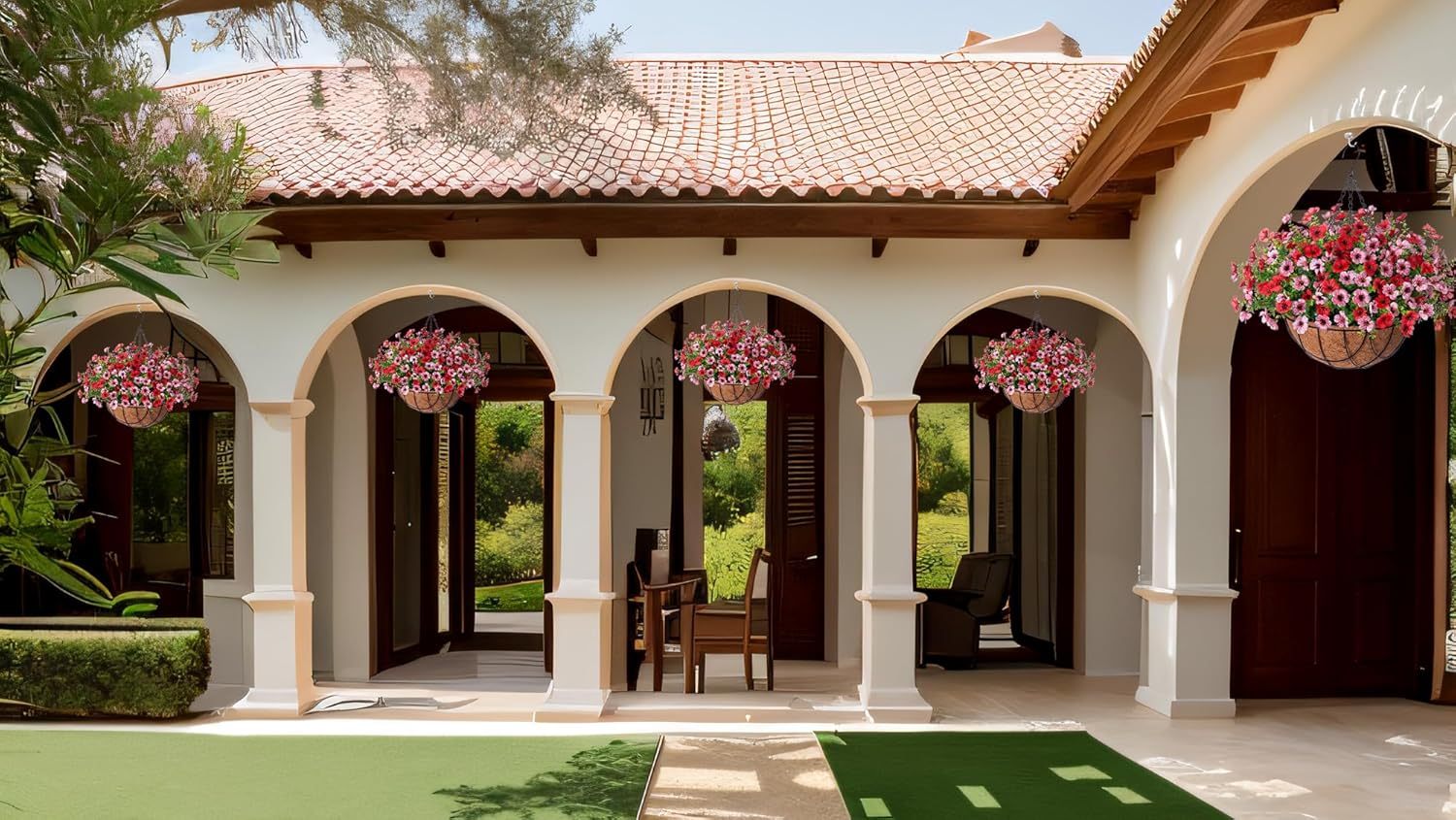 Artificial Silk Flowers Hanging Basket for Outdoor Indoor, Daisy with Eucalyptus Leaves Arrangement for Garden Yard Spring Summer Decor, Faux Green Plant in Metal Coconut Lining Pot(Red Purple)