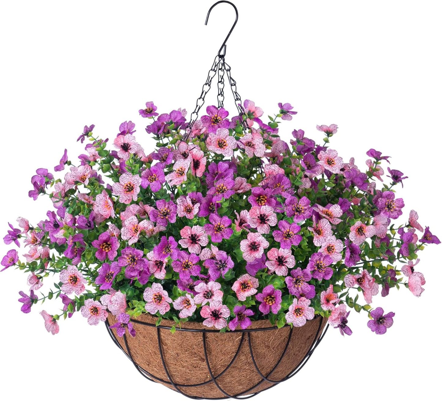 Artificial Silk Flowers Hanging Basket for Outdoor Indoor, Daisy with Eucalyptus Leaves Arrangement for Garden Yard Spring Summer Decor, Faux Green Plant in Metal Coconut Lining Pot(Red Purple)