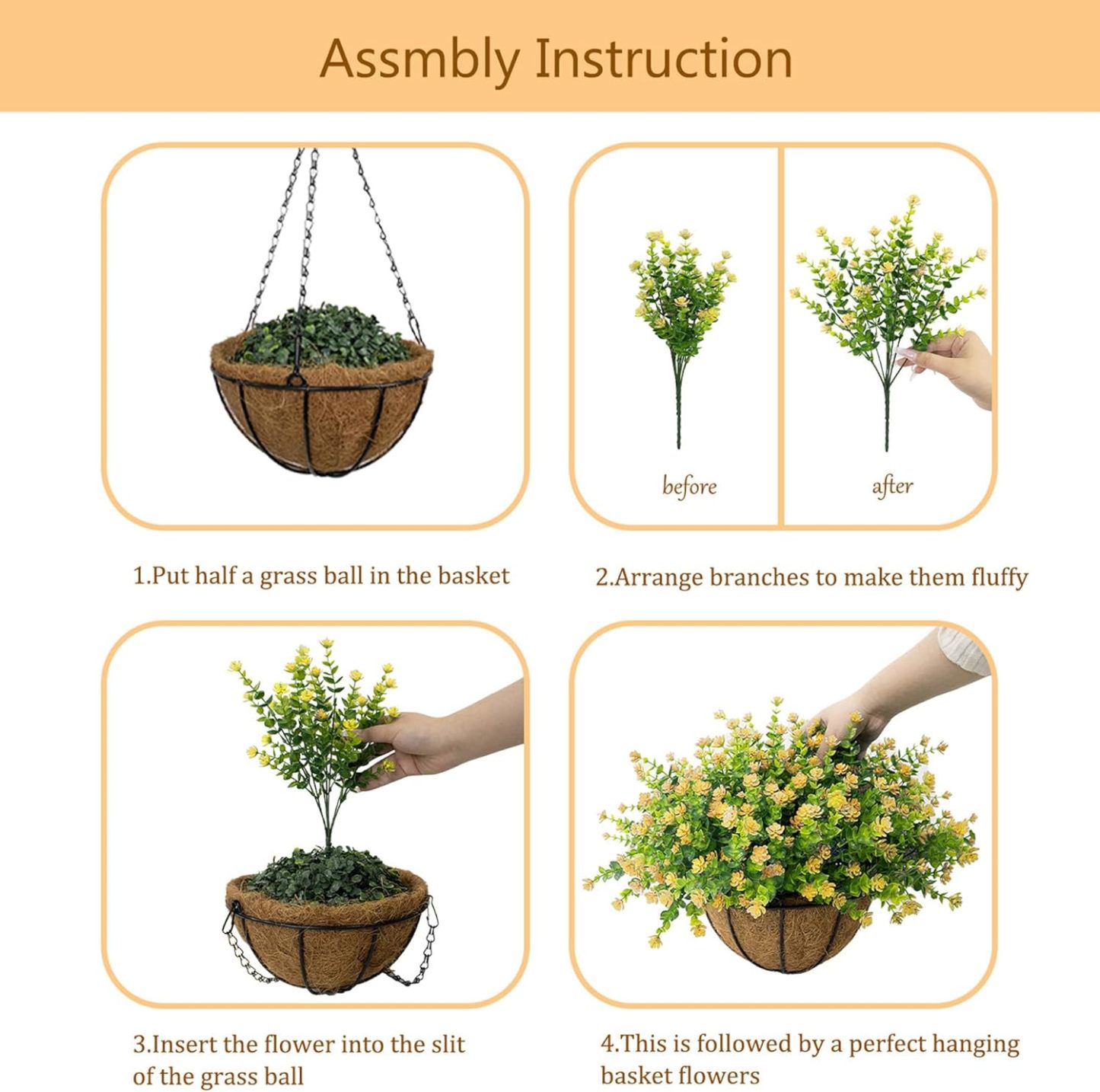 Artificial Hanging Flowers Basket for Outdoor, 16 Fake Flowers Look Real UV Resistant, Faux Hanging Plants for Porch, Balcony, Patio, Garden, Spring Summer Decor,White