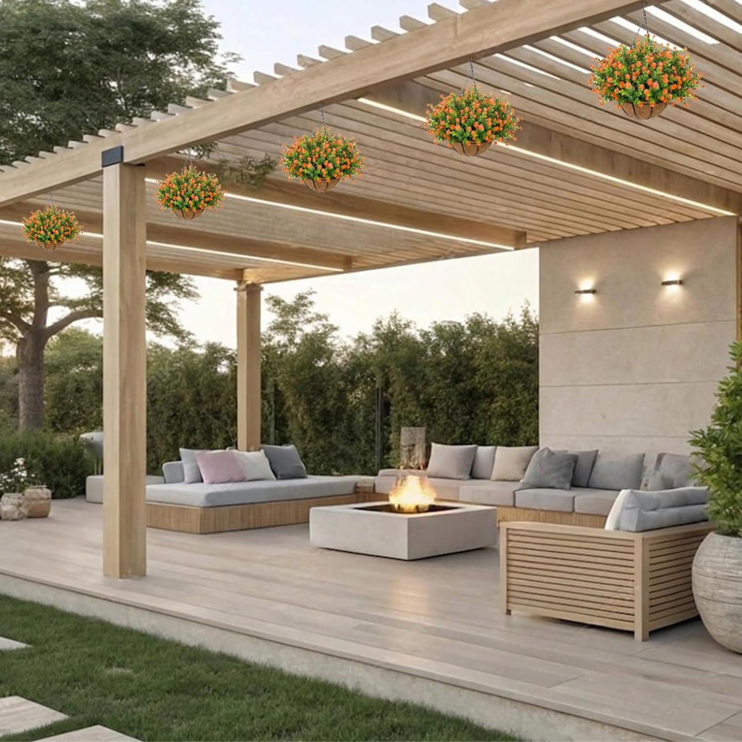 Artificial Hanging Flowers Basket for Outdoor, 16 Fake Flowers Look Real UV Resistant, Faux Hanging Plants for Porch, Balcony, Patio, Garden, Spring Summer Decor,White