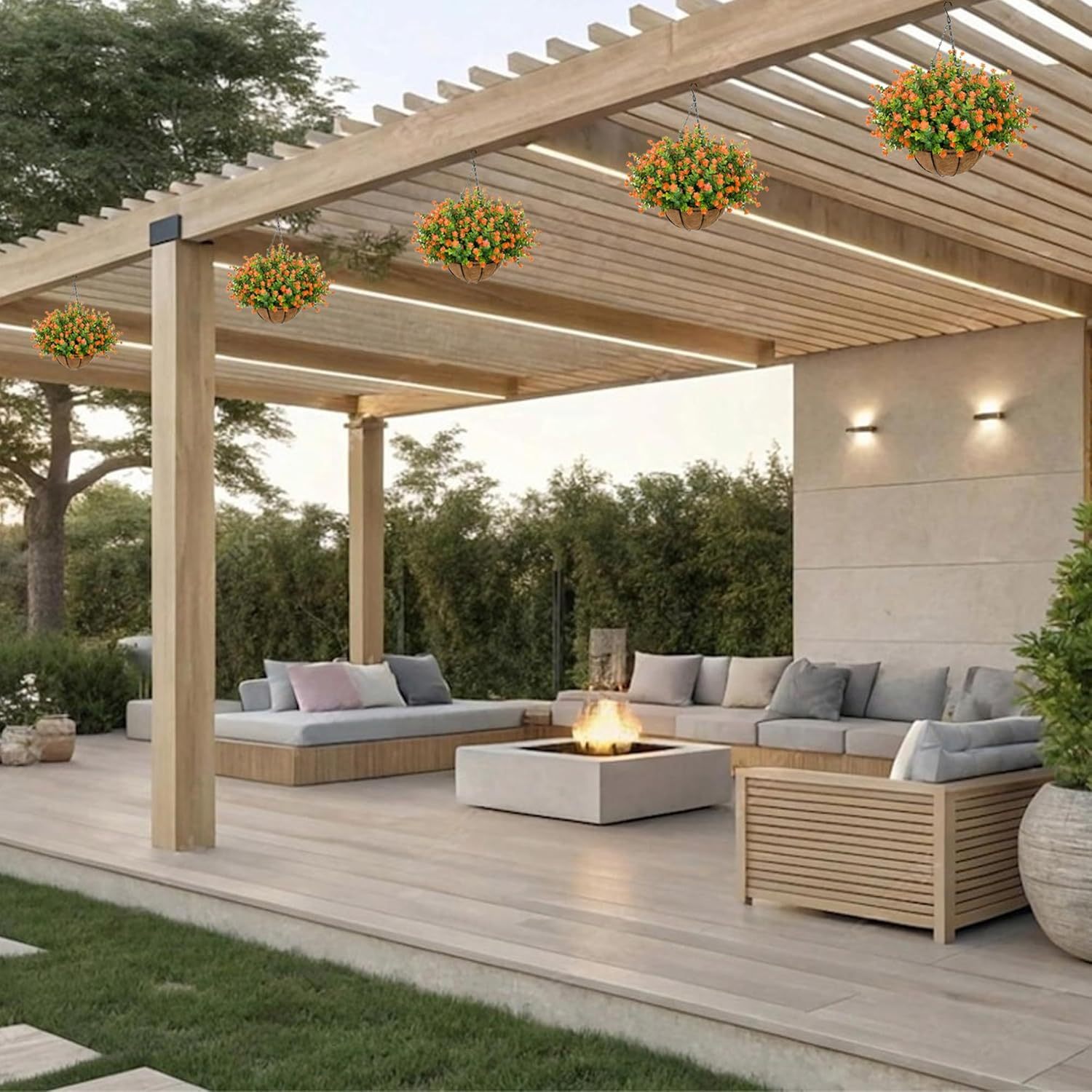 Artificial Hanging Flowers Basket for Outdoor, 16 Fake Flowers Look Real UV Resistant, Faux Hanging Plants for Porch, Balcony, Patio, Garden, Spring Summer Decor,White