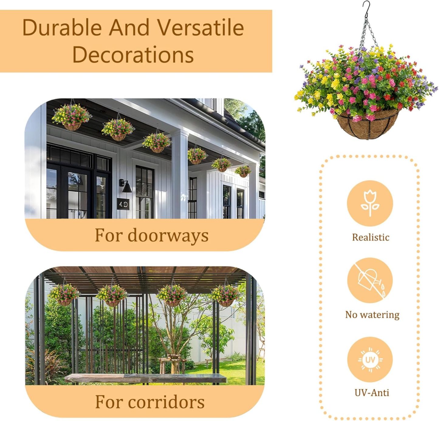 Artificial Hanging Flowers Basket for Outdoor, 16 Fake Flowers Look Real UV Resistant, Faux Hanging Plants for Porch, Balcony, Patio, Garden, Spring Summer Decor,White