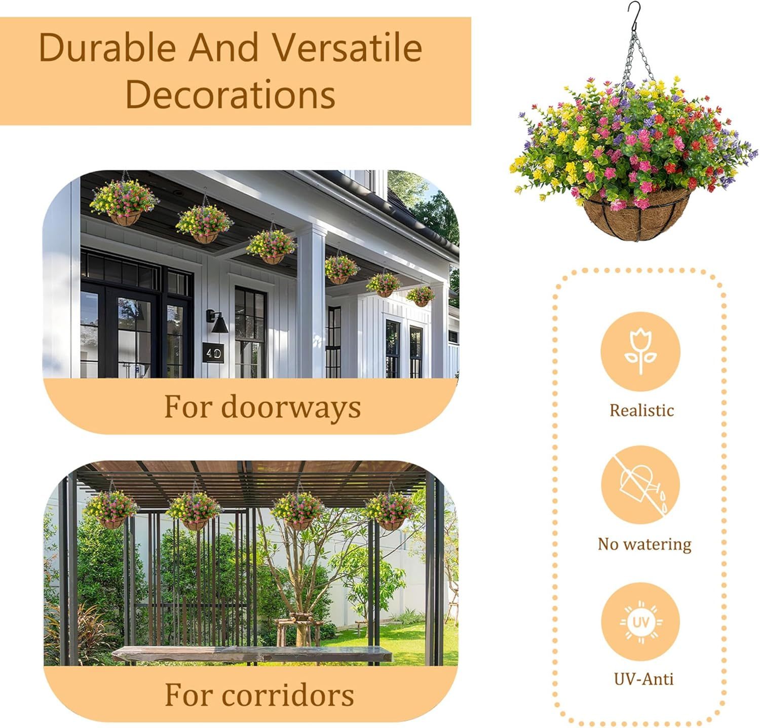 Artificial Hanging Flowers Basket for Outdoor, 16 Fake Flowers Look Real UV Resistant, Faux Hanging Plants for Porch, Balcony, Patio, Garden, Spring Summer Decor,White