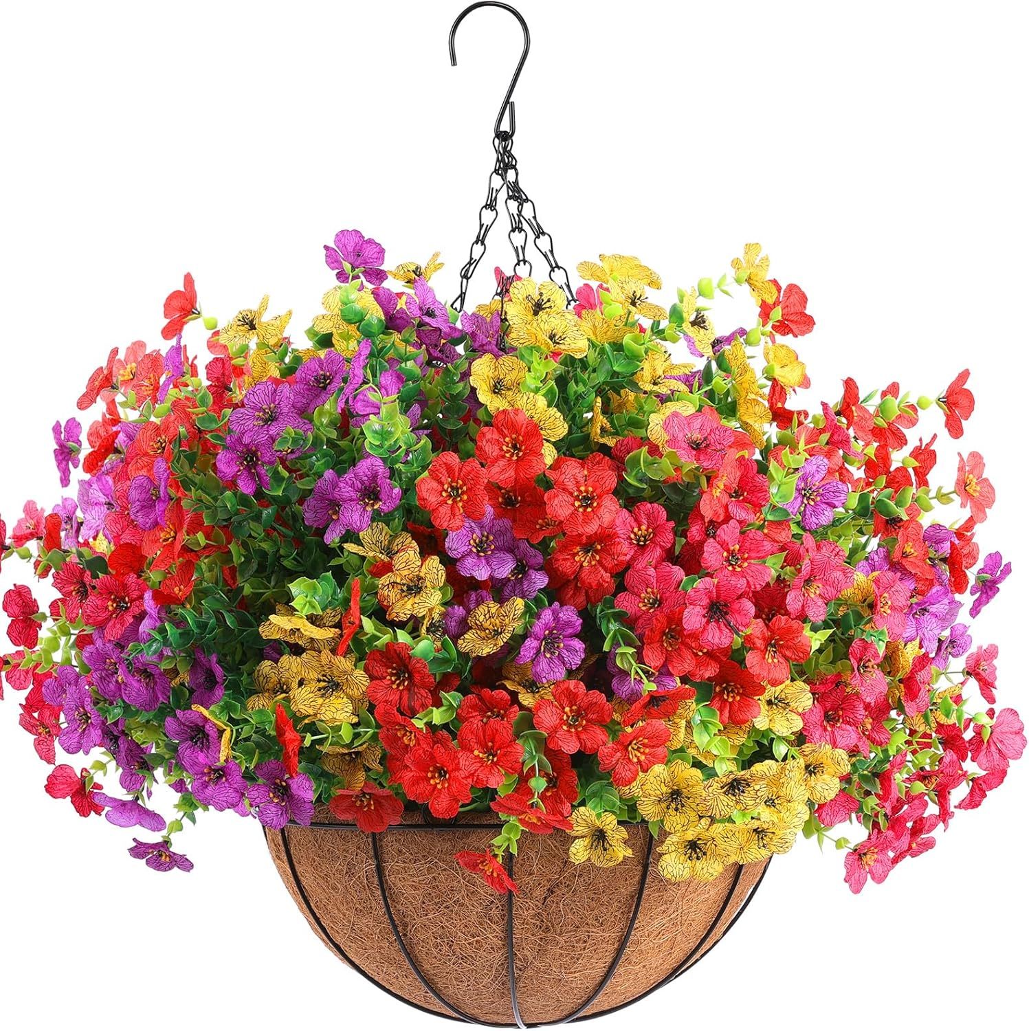 2 Set Artificial Outdoor Flowers with Hanging Basket, 2 Hanging Planters with 24 Pcs Flowers for Spring Summer Front Porch Garden Patio Home Decor (2, Red, Purple, Yellow, Rose Red)