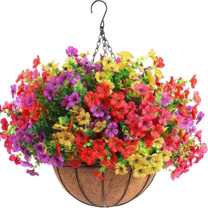 2 Set Artificial Outdoor Flowers with Hanging Basket, 2 Hanging Planters with 24 Pcs Flowers for Spring Summer Front Porch Garden Patio Home Decor (2, Red, Purple, Yellow, Rose Red)