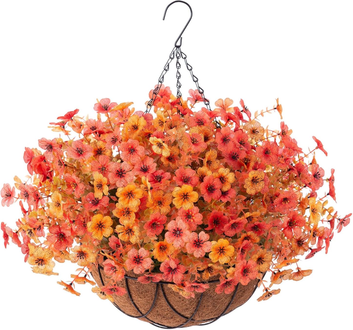 Artificial Silk Flowers Hanging Basket for Outdoor Indoor, Daisy with Eucalyptus Leaves Arrangement for Garden Yard Spring Summer Decor, Faux Green Plant in Metal Coconut Lining Pot(Red Purple)