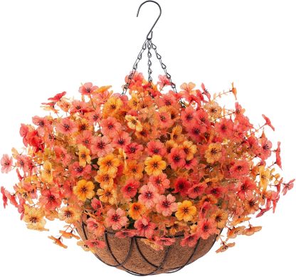 Artificial Silk Flowers Hanging Basket for Outdoor Indoor, Daisy with Eucalyptus Leaves Arrangement for Garden Yard Spring Summer Decor, Faux Green Plant in Metal Coconut Lining Pot(Red Purple)