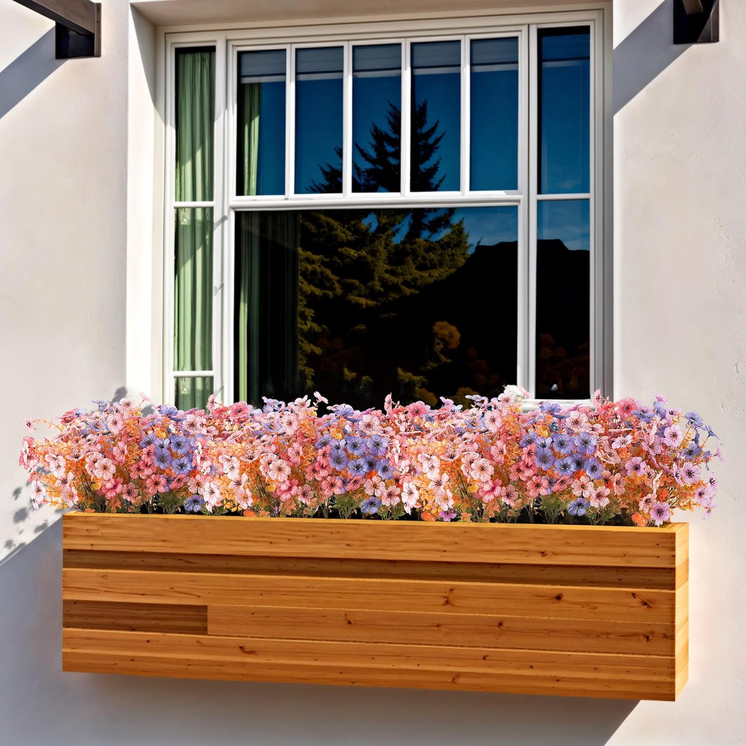 Artificial Silk Flowers Hanging Basket for Outdoor Indoor, Daisy with Eucalyptus Leaves Arrangement for Garden Yard Spring Summer Decor, Faux Green Plant in Metal Coconut Lining Pot(Red Purple)