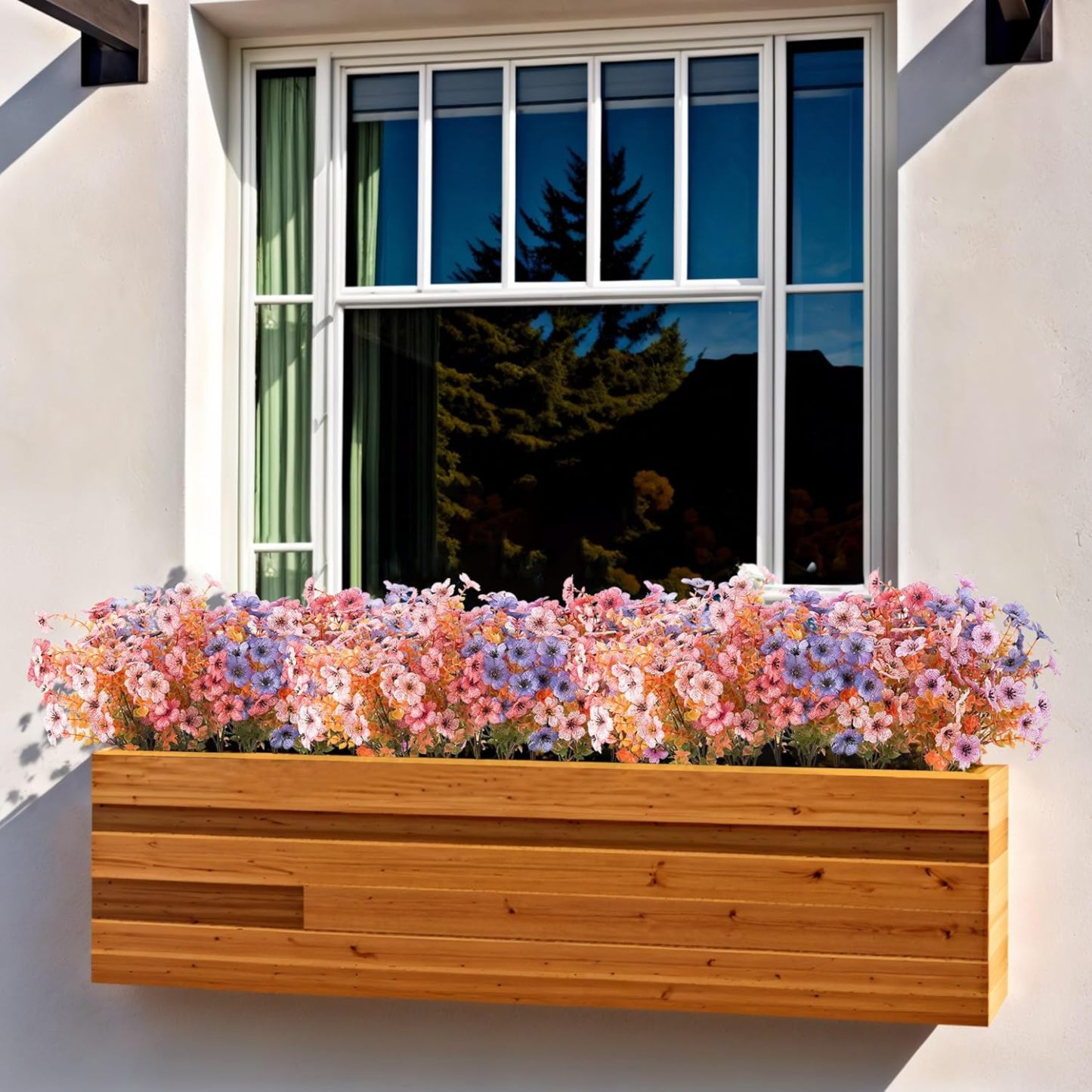 Artificial Silk Flowers Hanging Basket for Outdoor Indoor, Daisy with Eucalyptus Leaves Arrangement for Garden Yard Spring Summer Decor, Faux Green Plant in Metal Coconut Lining Pot(Red Purple)