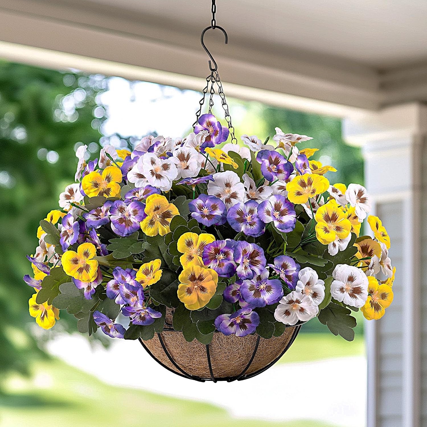 12 Bundles Artificial Hanging Flowers with Basket for Plants Outdoors,UV Resistant Fake Pansies Faux Silk Flowers for Outside Planter Garden Front Door Porch Yard Home Decor,Mix 3 Colors