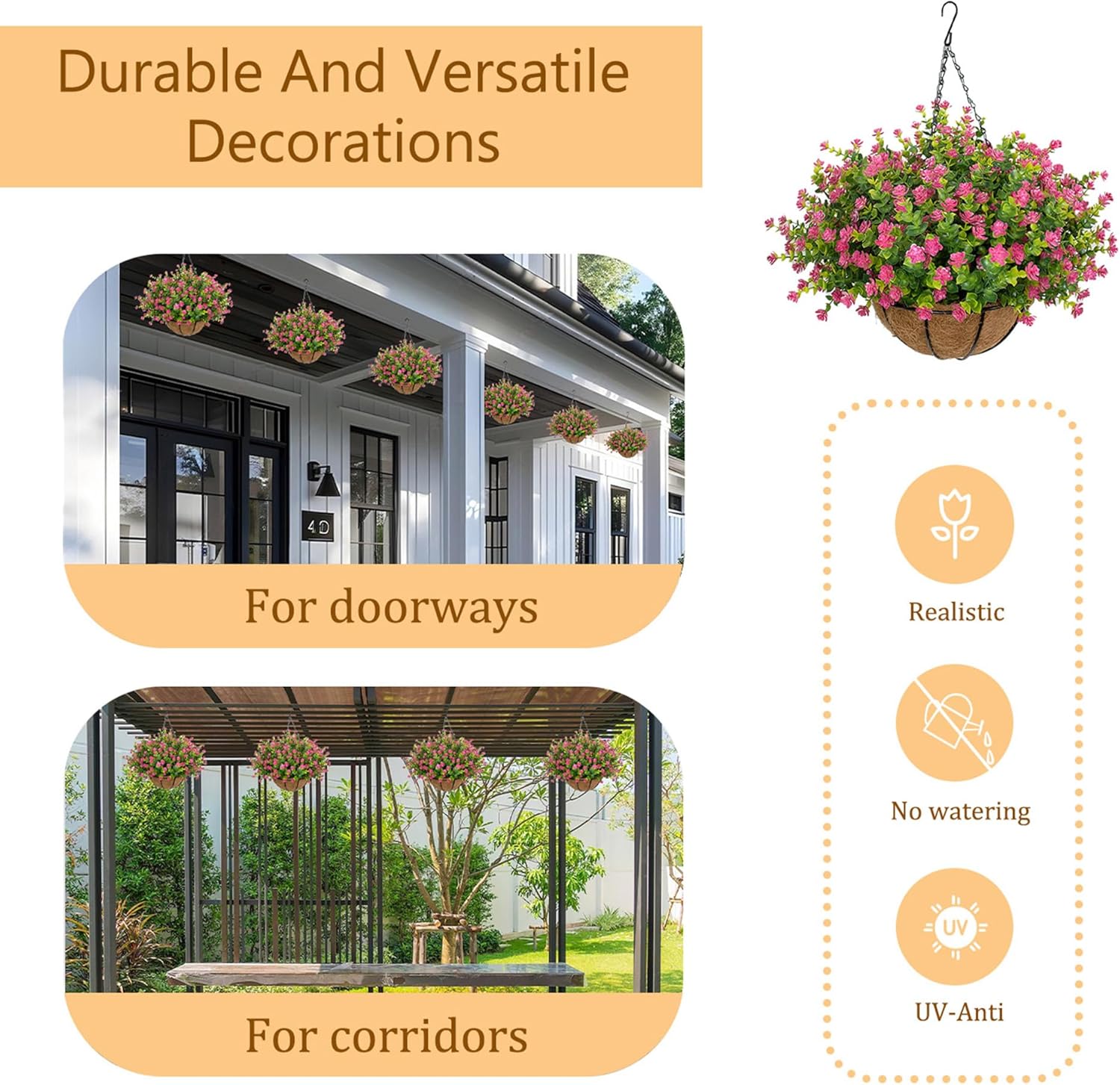 Artificial Hanging Flowers Basket for Outdoor, 16 Fake Flowers Look Real UV Resistant, Faux Hanging Plants for Porch, Balcony, Patio, Garden, Spring Summer Decor,White