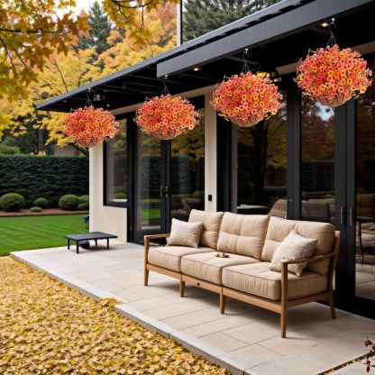 Artificial Silk Flowers Hanging Basket for Outdoor Indoor, Daisy with Eucalyptus Leaves Arrangement for Garden Yard Spring Summer Decor, Faux Green Plant in Metal Coconut Lining Pot(Red Purple)