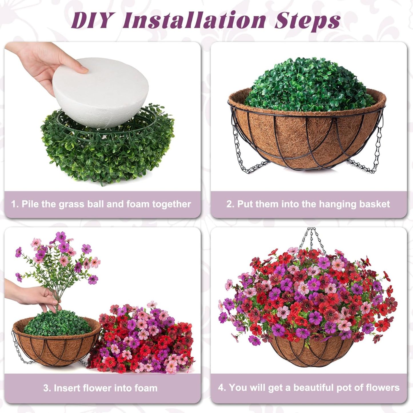 Artificial Silk Flowers Hanging Basket for Outdoor Indoor, Daisy with Eucalyptus Leaves Arrangement for Garden Yard Spring Summer Decor, Faux Green Plant in Metal Coconut Lining Pot(Red Purple)