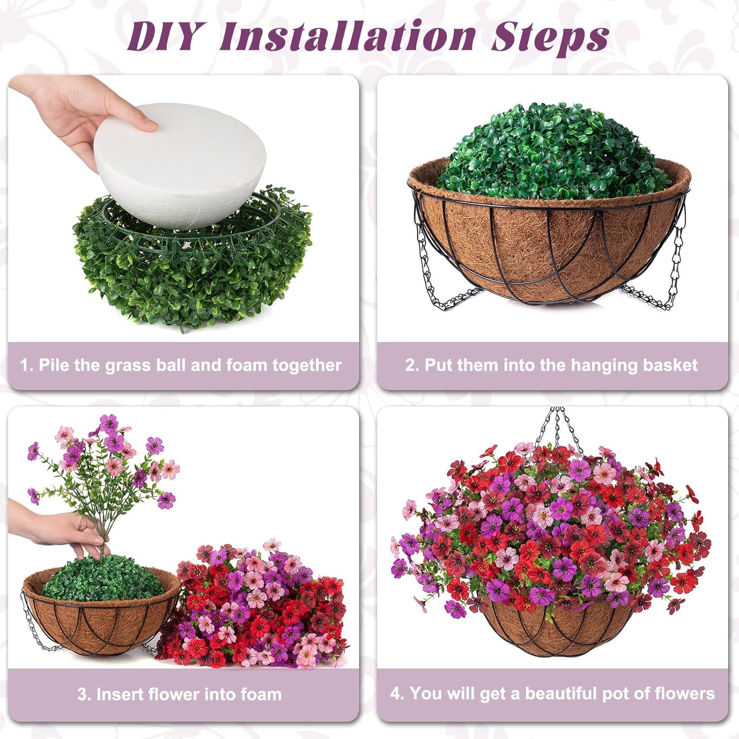 Artificial Silk Flowers Hanging Basket for Outdoor Indoor, Daisy with Eucalyptus Leaves Arrangement for Garden Yard Spring Summer Decor, Faux Green Plant in Metal Coconut Lining Pot(Red Purple)