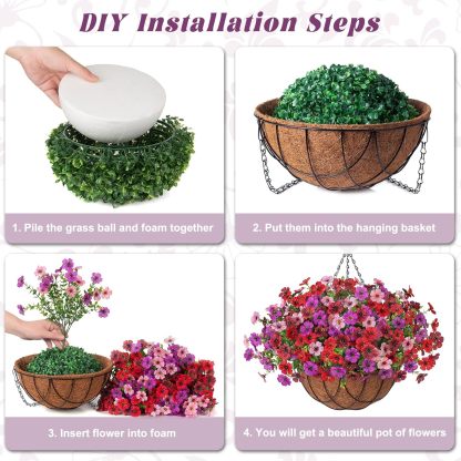 Artificial Silk Flowers Hanging Basket for Outdoor Indoor, Daisy with Eucalyptus Leaves Arrangement for Garden Yard Spring Summer Decor, Faux Green Plant in Metal Coconut Lining Pot(Red Purple)