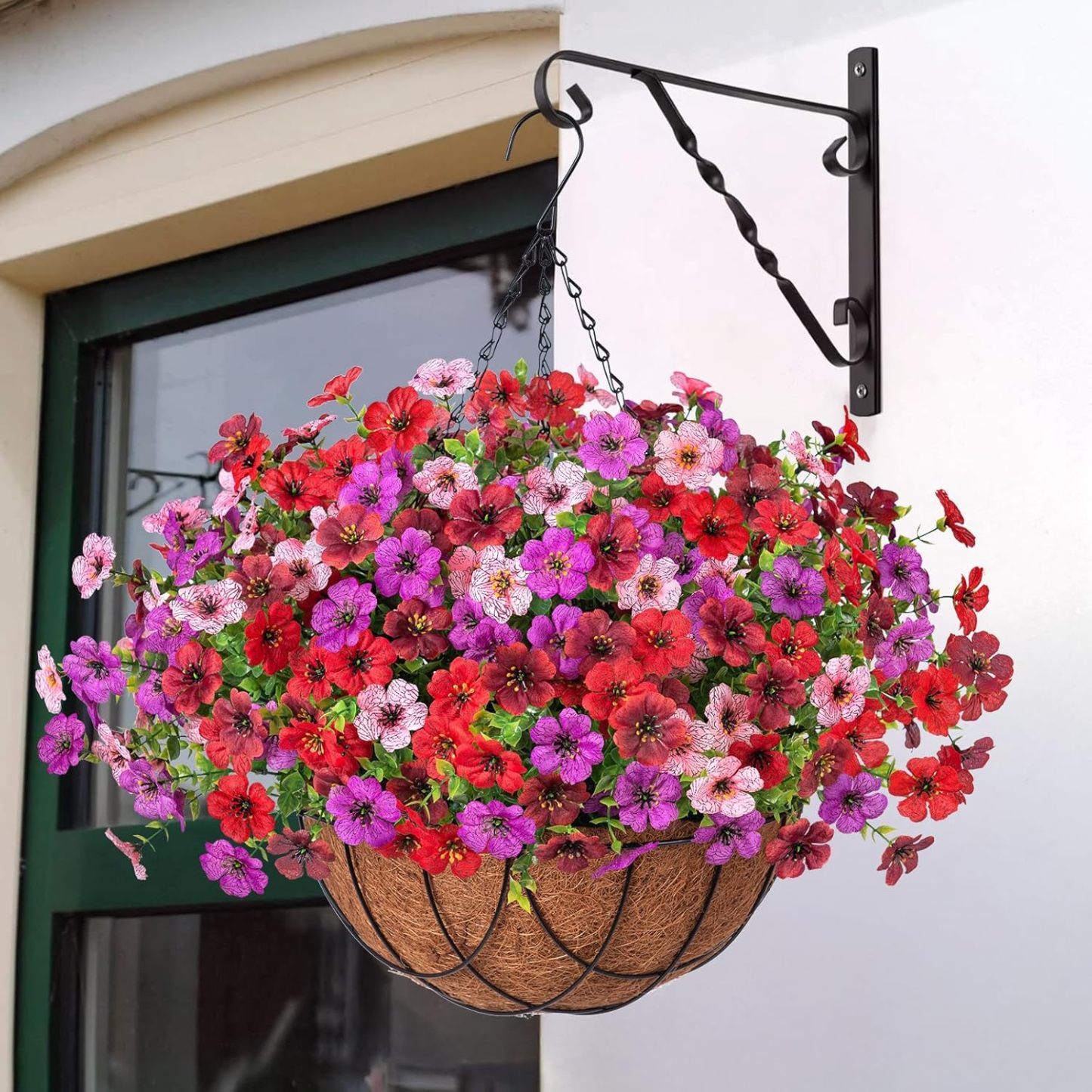 Artificial Silk Flowers Hanging Basket for Outdoor Indoor, Daisy with Eucalyptus Leaves Arrangement for Garden Yard Spring Summer Decor, Faux Green Plant in Metal Coconut Lining Pot(Red Purple)