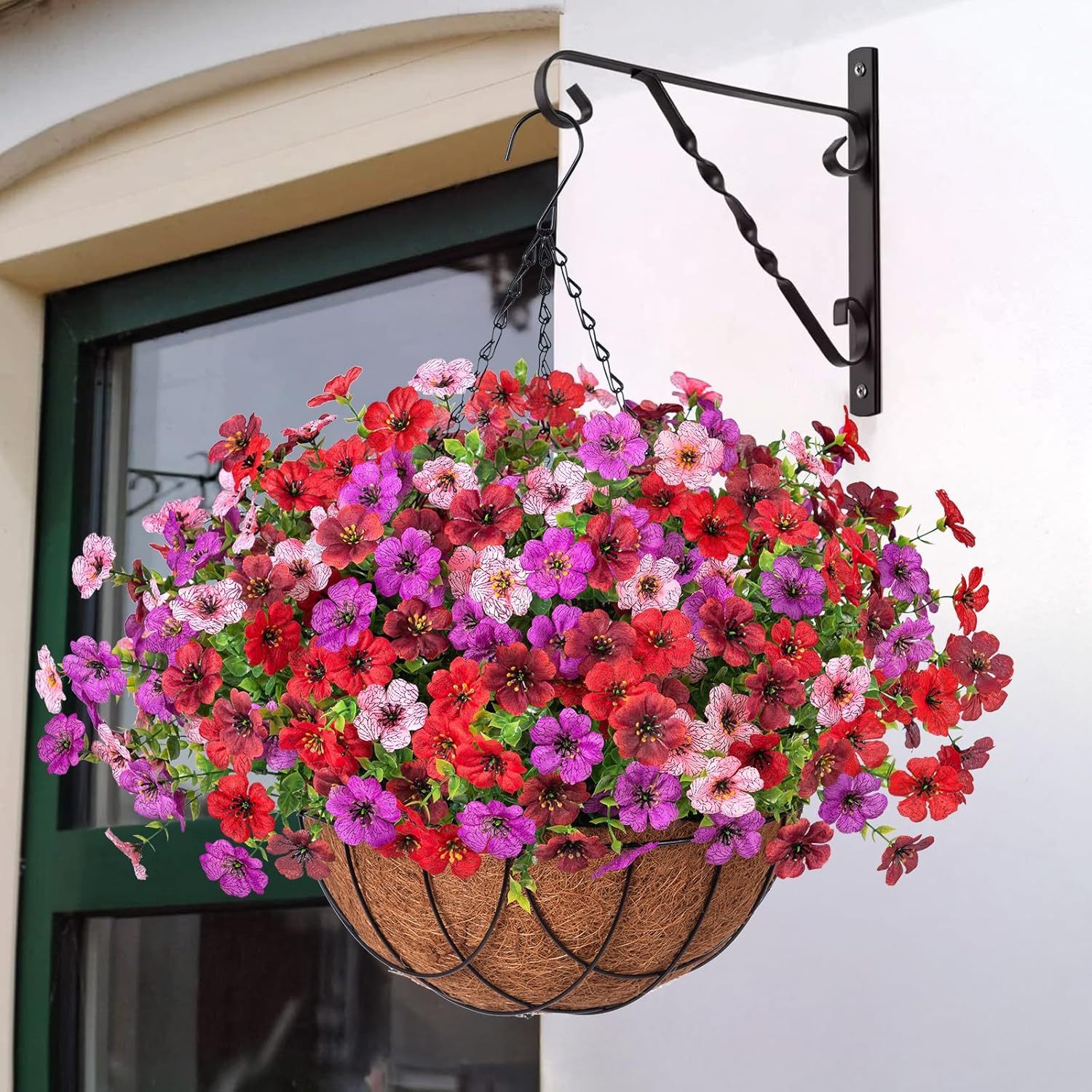 Artificial Silk Flowers Hanging Basket for Outdoor Indoor, Daisy with Eucalyptus Leaves Arrangement for Garden Yard Spring Summer Decor, Faux Green Plant in Metal Coconut Lining Pot(Red Purple)