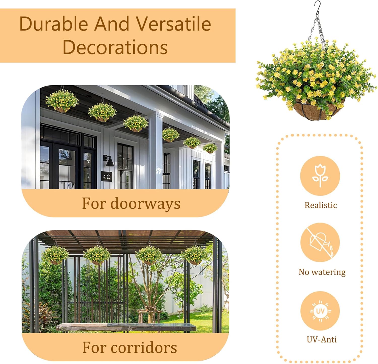 Artificial Hanging Flowers Basket for Outdoor, 16 Fake Flowers Look Real UV Resistant, Faux Hanging Plants for Porch, Balcony, Patio, Garden, Spring Summer Decor,White