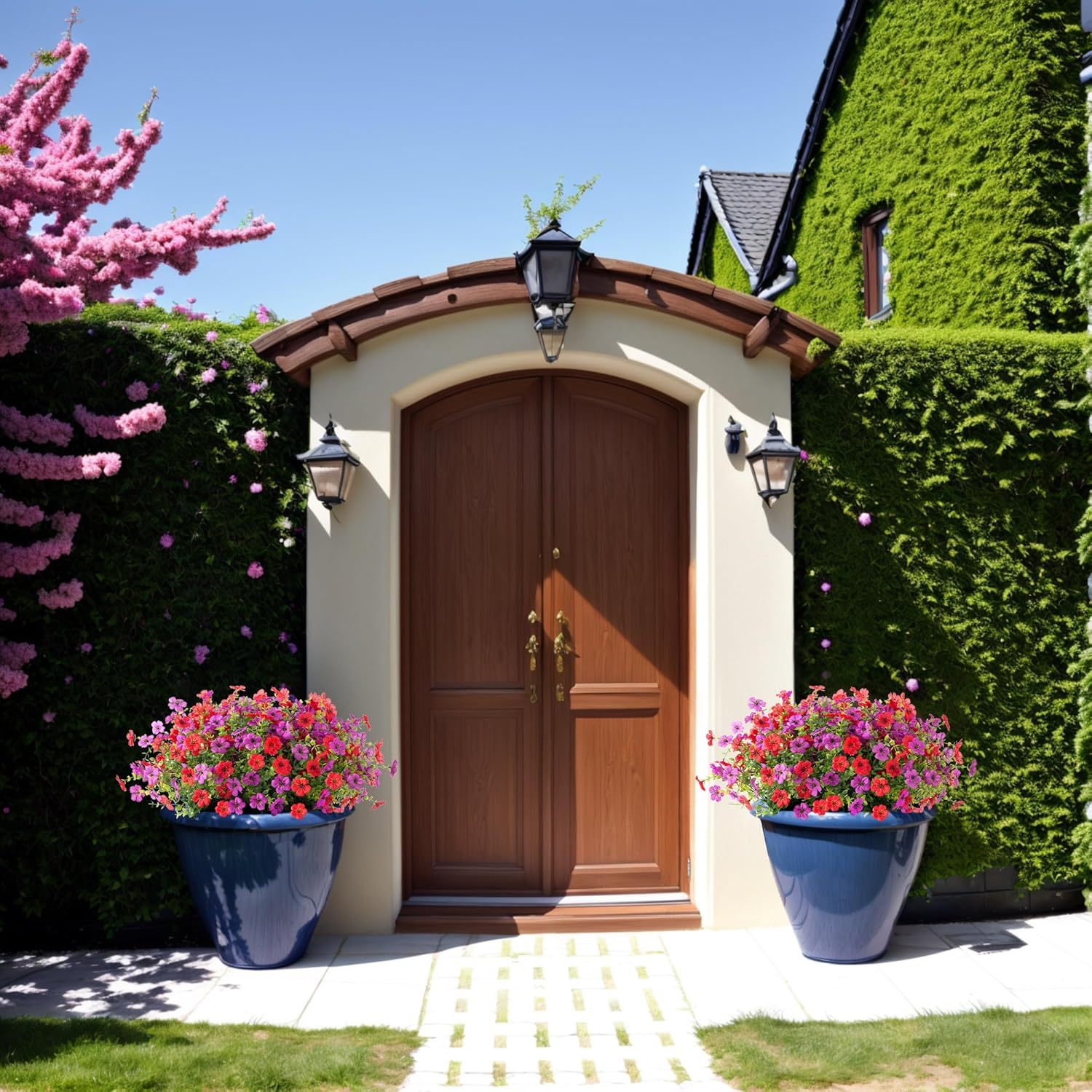 Artificial Silk Flowers Hanging Basket for Outdoor Indoor, Daisy with Eucalyptus Leaves Arrangement for Garden Yard Spring Summer Decor, Faux Green Plant in Metal Coconut Lining Pot(Red Purple)