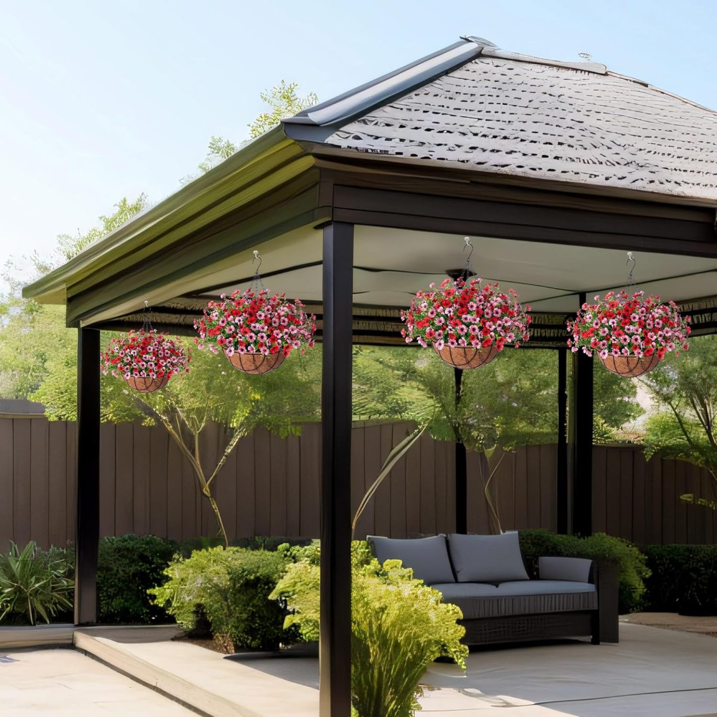 Artificial Silk Flowers Hanging Basket for Outdoor Indoor, Daisy with Eucalyptus Leaves Arrangement for Garden Yard Spring Summer Decor, Faux Green Plant in Metal Coconut Lining Pot(Red Purple)