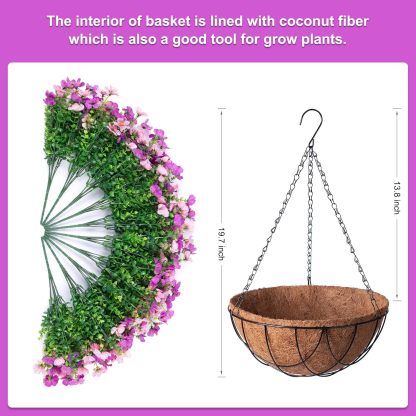 Artificial Silk Flowers Hanging Basket for Outdoor Indoor, Daisy with Eucalyptus Leaves Arrangement for Garden Yard Spring Summer Decor, Faux Green Plant in Metal Coconut Lining Pot(Red Purple)