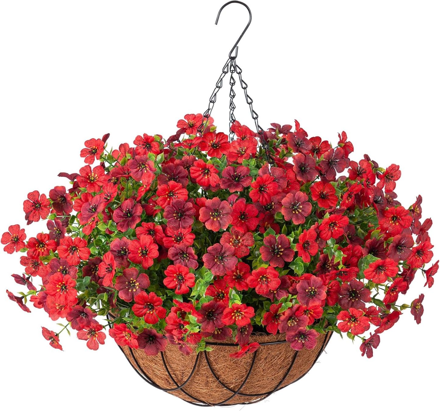 Artificial Silk Flowers Hanging Basket for Outdoor Indoor, Daisy with Eucalyptus Leaves Arrangement for Garden Yard Spring Summer Decor, Faux Green Plant in Metal Coconut Lining Pot(Red Purple)