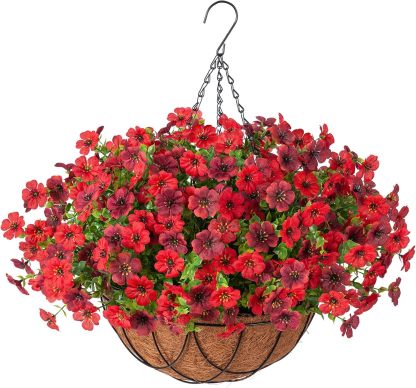 Artificial Silk Flowers Hanging Basket for Outdoor Indoor, Daisy with Eucalyptus Leaves Arrangement for Garden Yard Spring Summer Decor, Faux Green Plant in Metal Coconut Lining Pot(Red Purple)