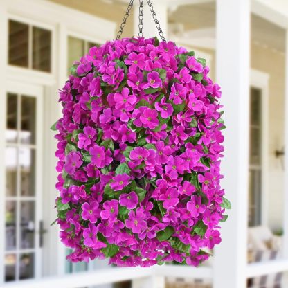 Artificial Hanging Flowers for Outdoors, Fake Hanging Plants with Baskets, Silk Faux Flowers UV Resistant for Planters Home Patio Porch Spring Summer Outside Decorations, Fuchsia