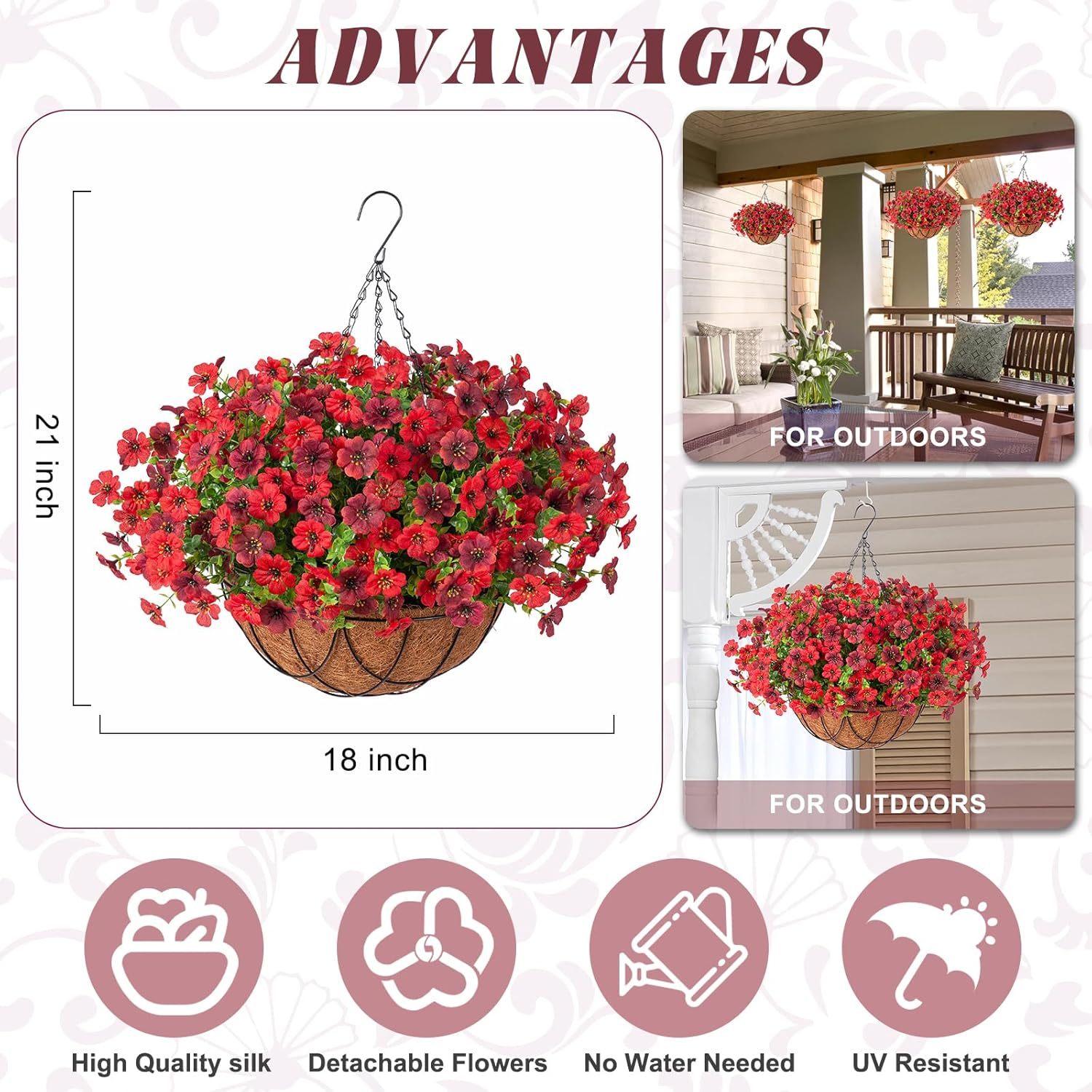 Artificial Silk Flowers Hanging Basket for Outdoor Indoor, Daisy with Eucalyptus Leaves Arrangement for Garden Yard Spring Summer Decor, Faux Green Plant in Metal Coconut Lining Pot(Red Purple)