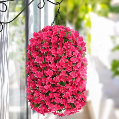 Artificial Hanging Flowers for Outdoors, Fake Hanging Plants with Baskets, Silk Faux Flowers UV Resistant for Planters Home Patio Porch Spring Summer Outside Decorations, Fuchsia