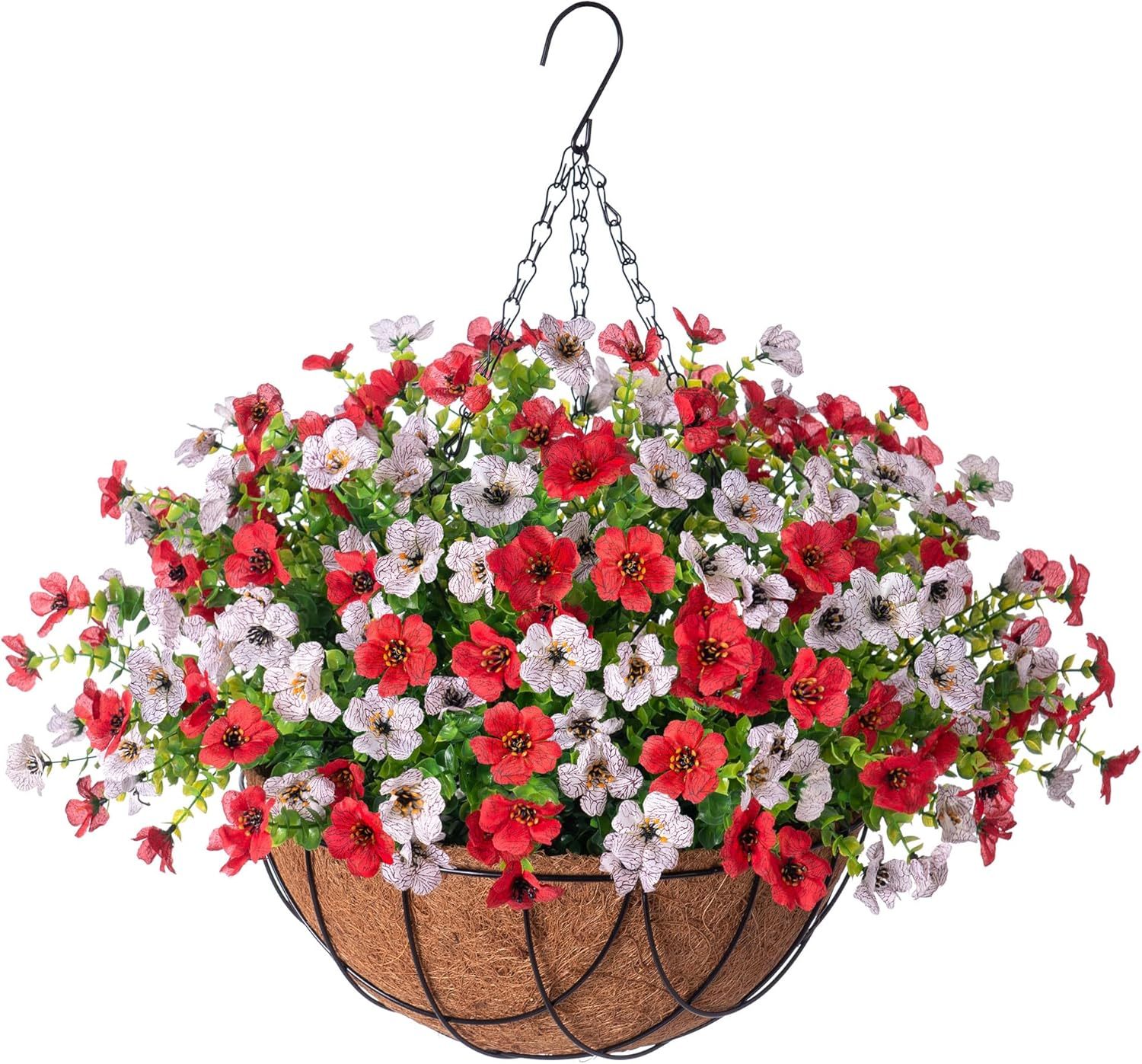 Artificial Silk Flowers Hanging Basket for Outdoor Indoor, Daisy with Eucalyptus Leaves Arrangement for Garden Yard Spring Summer Decor, Faux Green Plant in Metal Coconut Lining Pot(Red Purple)